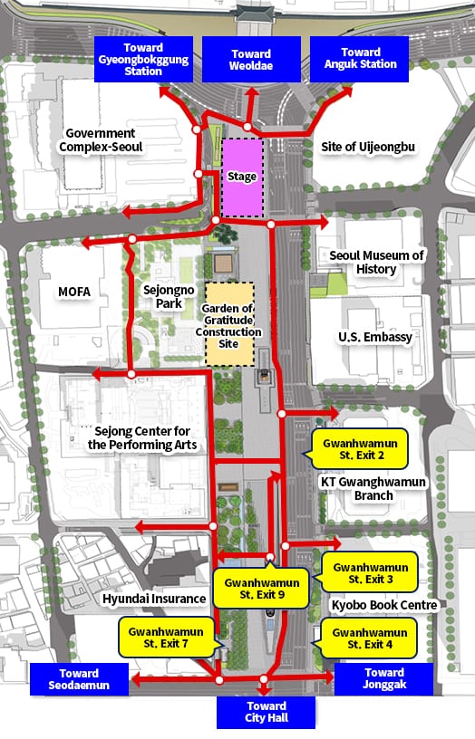 Official Seoul temporary pedestrian route map for the March 21 event