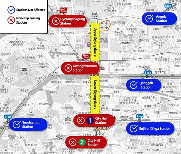 Official Seoul image showing non-stop passing stations and closed exits